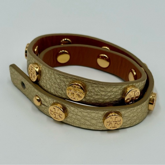 Tory Burch Miller Double Wrap Gold Logo on Gold Leather Bracelet - Picture 1 of 6